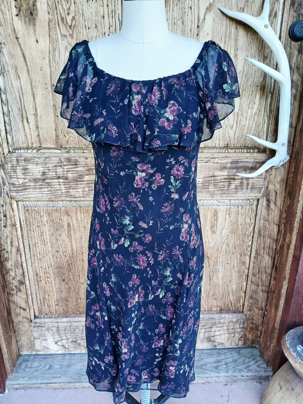 Vintage Polo Ralph Lauren silk floral off-the-shoulder Ruffle Midi Dress Size 8